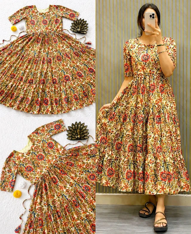 Premium Cambric Cotton Kalamkari Printed Midi Dress
- 2XL, Black