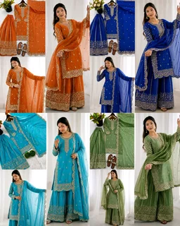 Trendy Heavy Embroidery Sequence Work Top-Bottom And Dupatta Set Fully Stitched Ready To Wear - M, Pigment Indigo
