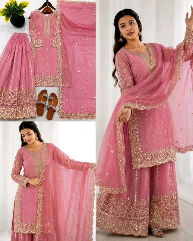 Trendy Heavy Embroidery Sequence Work Top-Bottom And Dupatta Set Fully Stitched Ready To Wear - M, Pink