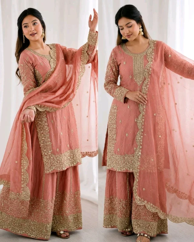 Trendy Heavy Embroidery Sequence Work Top-Bottom And Dupatta Set Fully Stitched Ready To Wear - M, Peach
