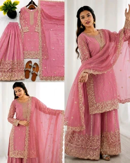 Trendy Heavy Embroidery Sequence Work Top-Bottom And Dupatta Set Fully Stitched Ready To Wear - L, Pigment Indigo