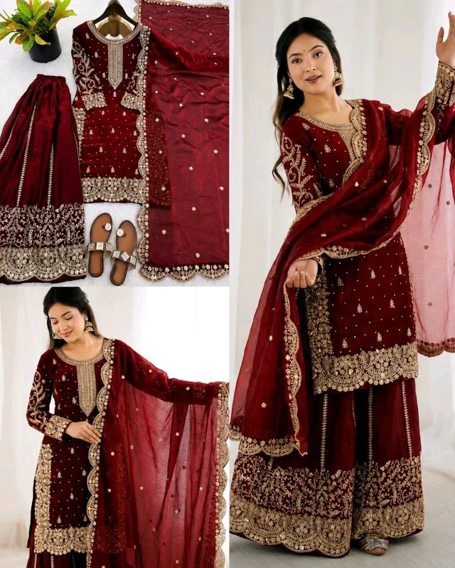 Trendy Heavy Embroidery Sequence Work Top-Bottom And Dupatta Set Fully Stitched Ready To Wear - L, Maroon