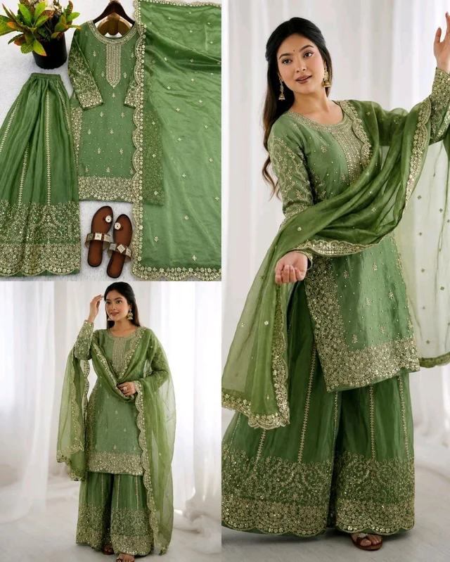 Trendy Heavy Embroidery Sequence Work Top-Bottom And Dupatta Set Fully Stitched Ready To Wear - L, Green