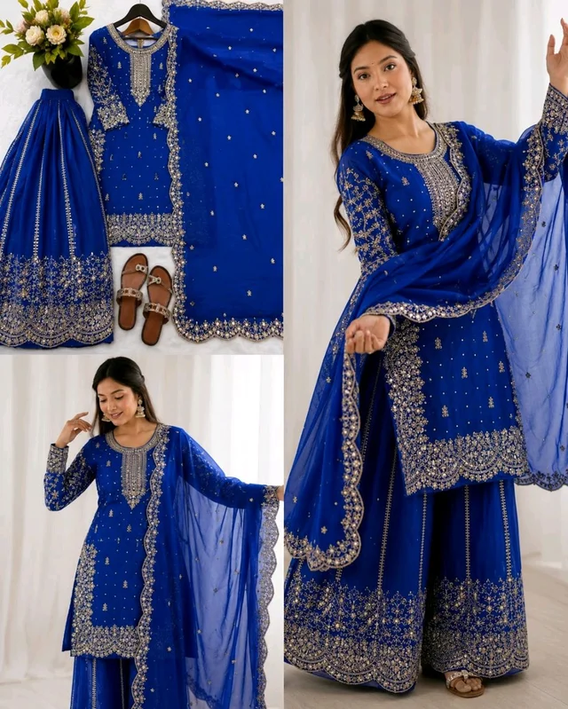 Trendy Heavy Embroidery Sequence Work Top-Bottom And Dupatta Set Fully Stitched Ready To Wear - XL, Blue