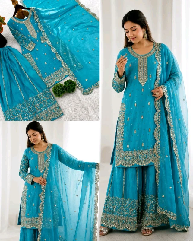 Trendy Heavy Embroidery Sequence Work Top-Bottom And Dupatta Set Fully Stitched Ready To Wear - XL, Lite Blue