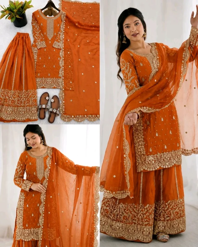 Trendy Heavy Embroidery Sequence Work Top-Bottom And Dupatta Set Fully Stitched Ready To Wear - XL, Orange