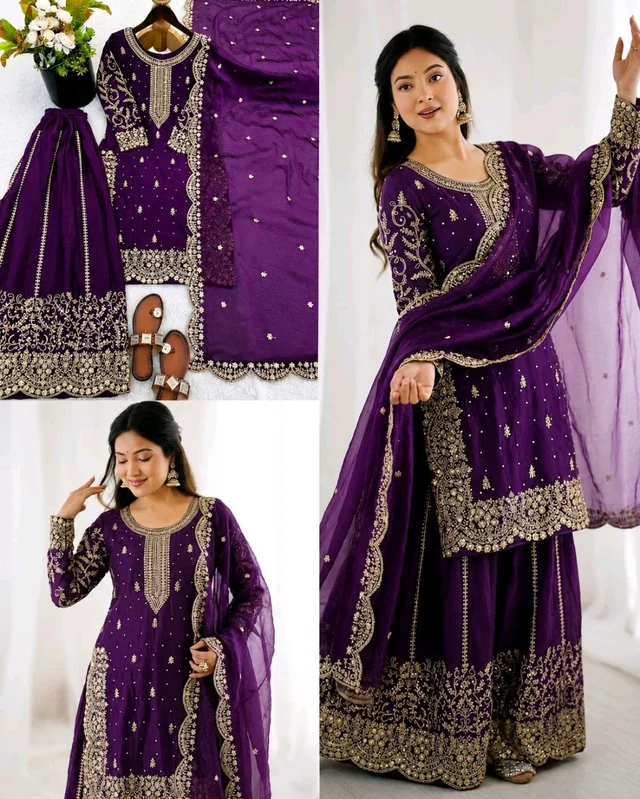 Trendy Heavy Embroidery Sequence Work Top-Bottom And Dupatta Set Fully Stitched Ready To Wear - 2XL, Pigment Indigo