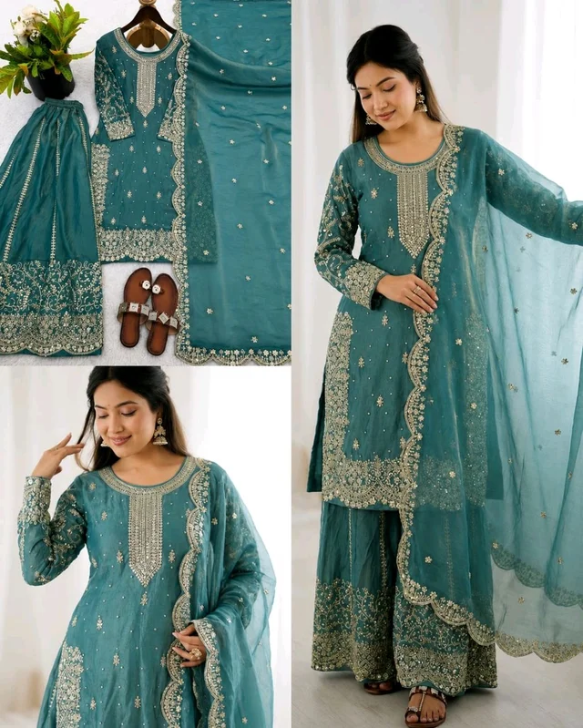 Trendy Heavy Embroidery Sequence Work Top-Bottom And Dupatta Set Fully Stitched Ready To Wear - 2XL, Pigment Indigo