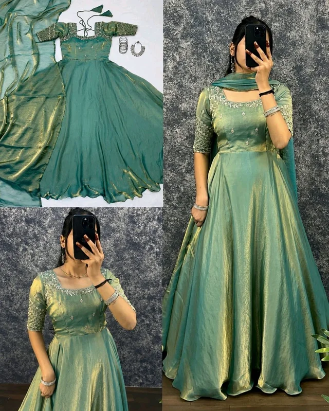 Premium Embroidery Sequence Gown with Dupatta
- L, Green