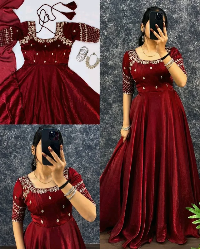 Premium Embroidery Sequence Gown with Dupatta
- XL, Maroon