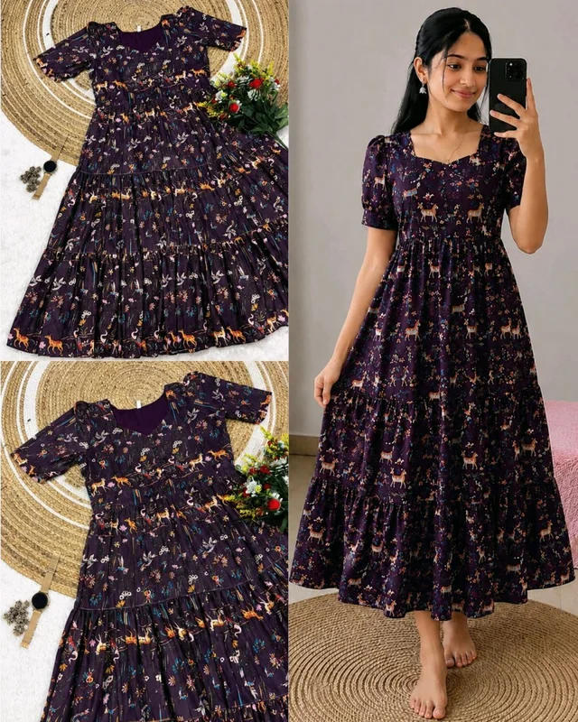 Kalmkari Maxi gown soft Maslin cotton with digital print.
- XL, Wine