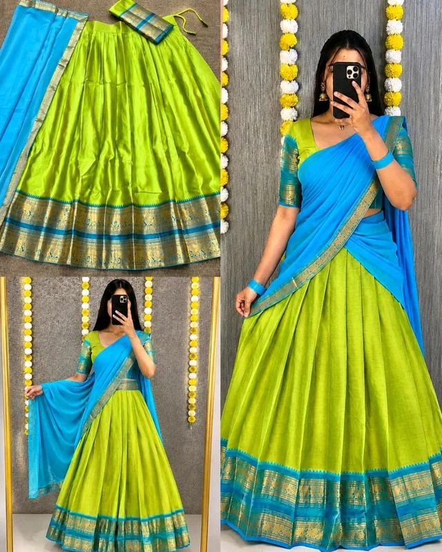 Traditional South Indian Style Kanjivaram Silk Half Saree
- Olive Green
