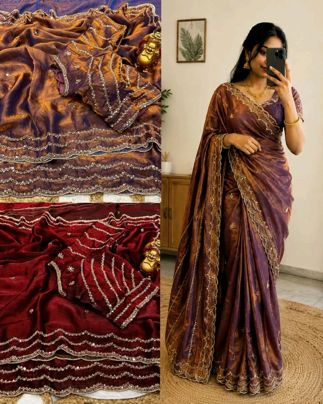 💫🌸 Launch Grand party wear saree in original gold beeds work on pure space silk sarees in velvet shine adorned with sequence and cutdana delicate handwork💫🌸 - Maroon