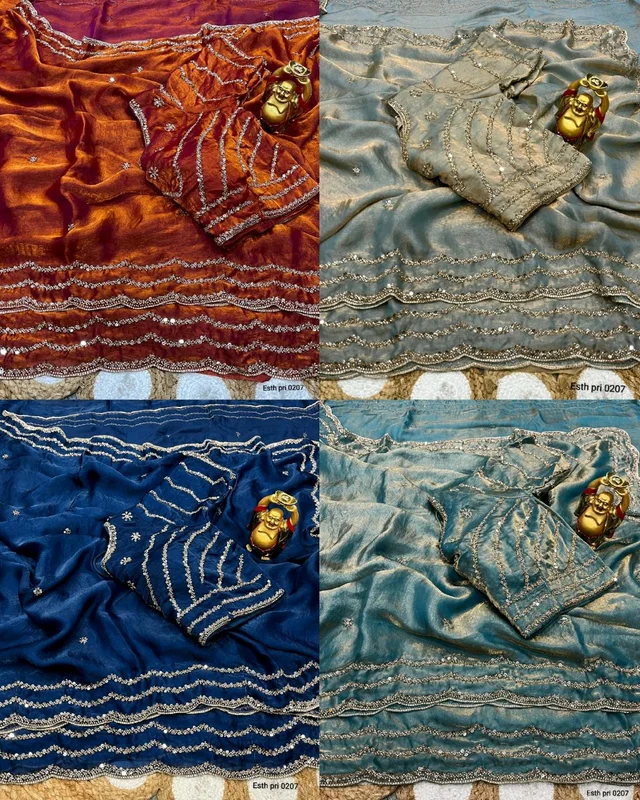 💫🌸 Launch Grand party wear saree in original gold beeds work on pure space silk sarees in velvet shine adorned with sequence and cutdana delicate handwork💫🌸 - 4th Teal