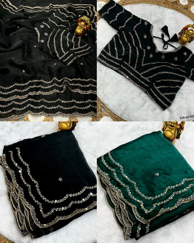 💫🌸 Launch Grand party wear saree in original gold beeds work on pure space silk sarees in velvet shine adorned with sequence and cutdana delicate handwork💫🌸 - Green