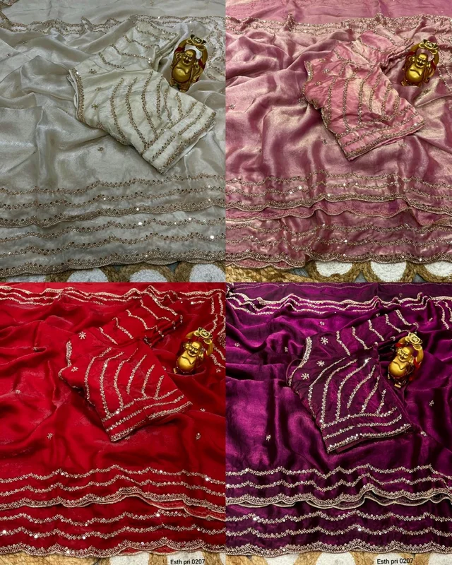 💫🌸 Launch Grand party wear saree in original gold beeds work on pure space silk sarees in velvet shine adorned with sequence and cutdana delicate handwork💫🌸 - White