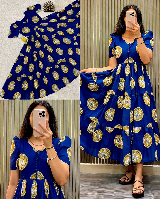 Trendy Designer Kalamkari Block Printed Midi Dress With Mobile Pocket - M, Blue