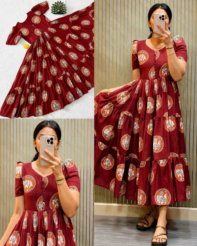 Trendy Designer Kalamkari Block Printed Midi Dress With Mobile Pocket - L, Maroon