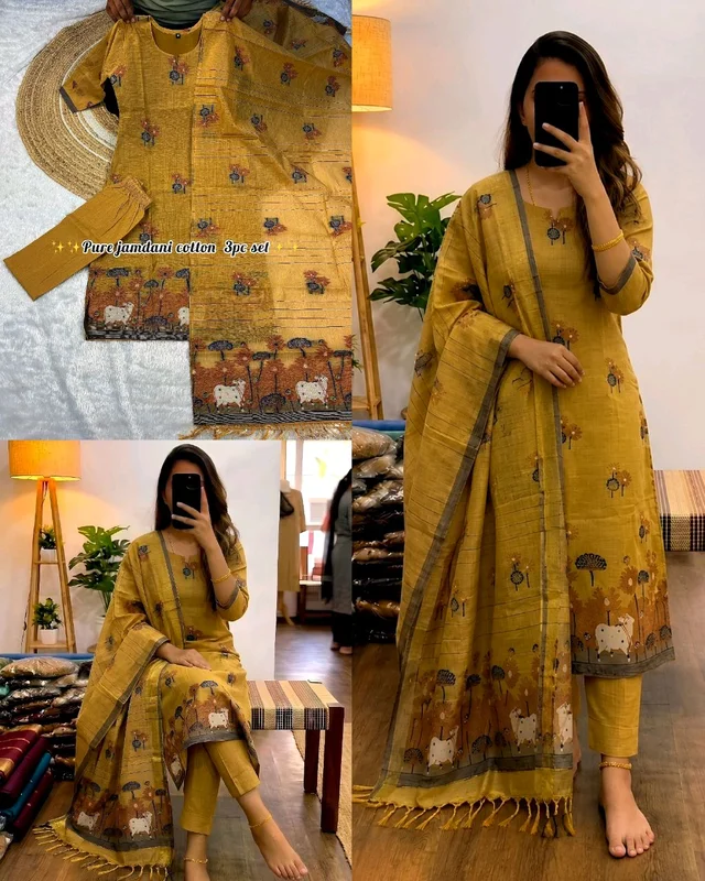 Elevate your style with this stunning pure jamdani cotton Kurti set with beautiful pichwal zari work and beautiful zari weaving dupatta and same jamdani cotton pant
- 2XL, Yellow