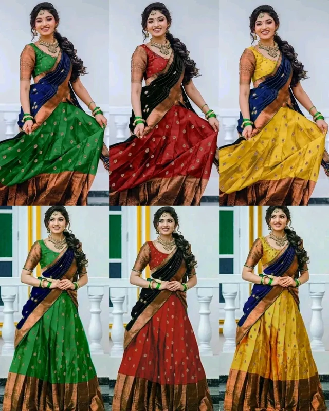 Latest South Indian Women Lehenga - Yellow & Blue, Free Size