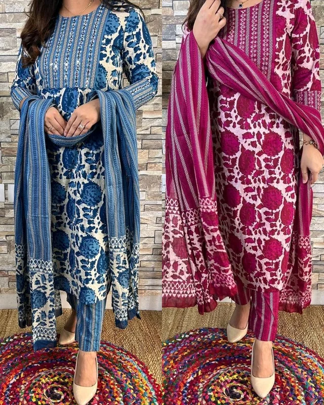 🔥🔥Pure fine reyon fabric with Hand wark embroidery Kurti with Pant with cotton 100-100 Dupatta*🌹🌹 - Pink, M