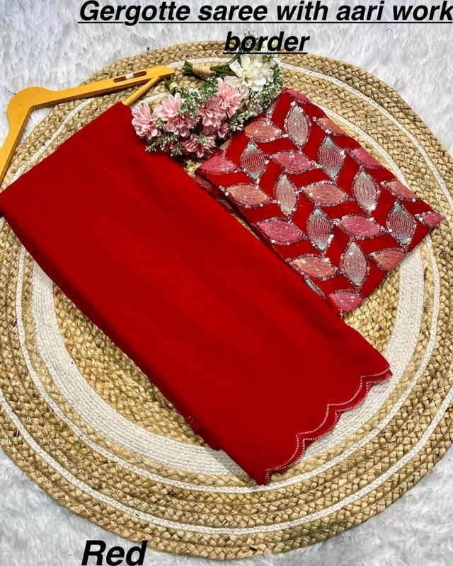Smooth Georgette With Aari Border - Free Size, Red