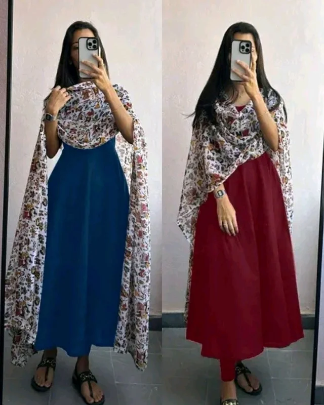 Flared Kurta With Digital Printed Georgette Fabric Dupatta - Aque Blue, XL