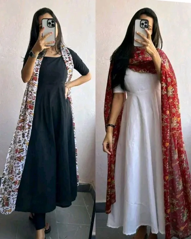 Flared Kurta With Digital Printed Georgette Fabric Dupatta - White, S