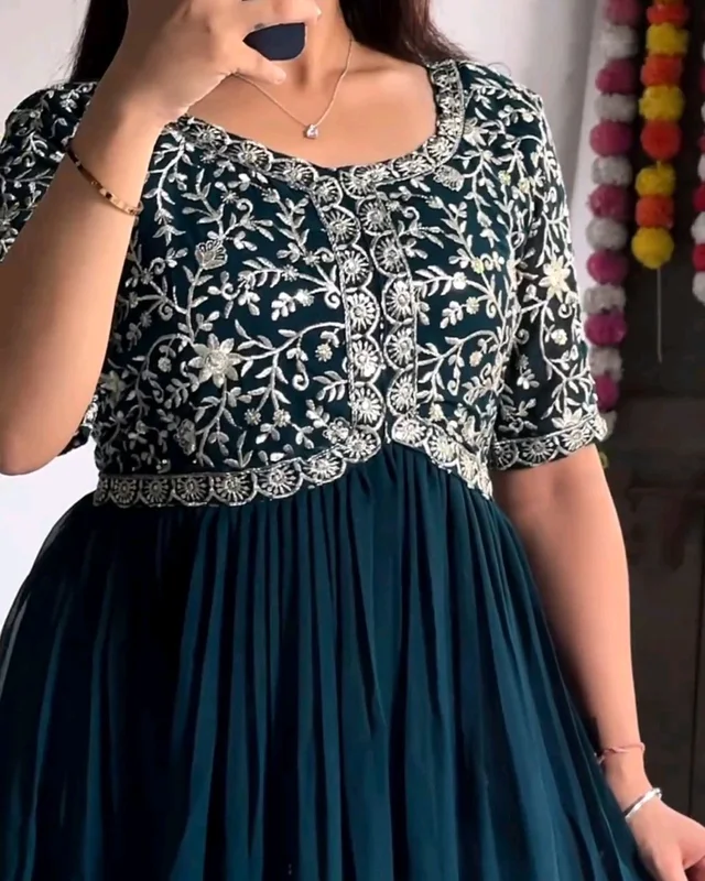 Designer Gown is luxury clothing Considered to be high quality Made by Zari-Thread & Sequins Embroidery - S, Rama