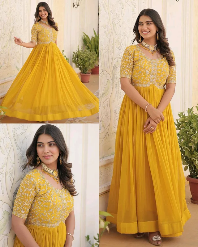 Designer Gown is luxury clothing Considered to be high quality Made by Zari-Thread & Sequins Embroidery - S, Rama