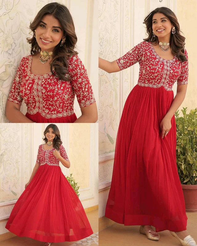 Designer Gown is luxury clothing Considered to be high quality Made by Zari-Thread & Sequins Embroidery - M, Red
