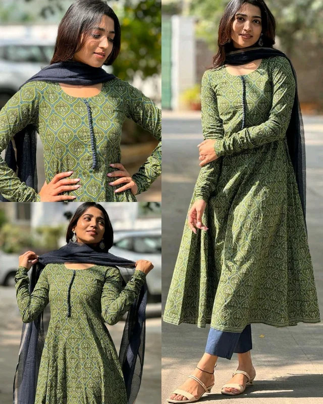 Beautiful Heavy Anarkali Kurti Pant and Kota doria Dupatta - L
