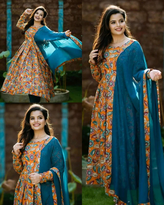 This beautiful Georgette Maxi with Dupptta in classic Kalamkari printed - M