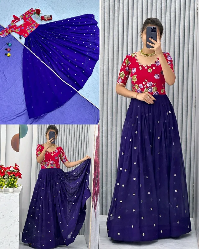 Trendy New Festival Gown With Dupatta - Fuchsia Blue, L
