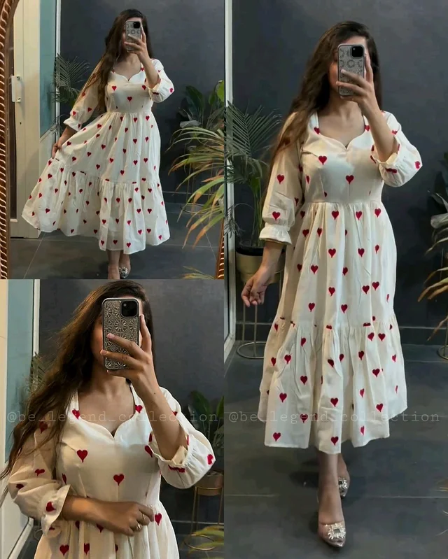 New Beautiful printed heart mini dress color Cream cotton middi Gown dress with beautiful sleeve - 2XL