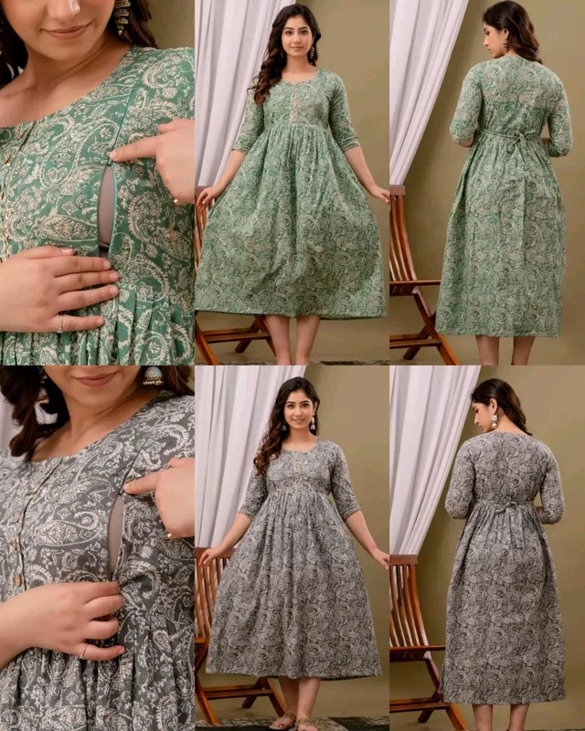 Women's Pure Cotton Printed Feeding / Maternity Wear - Gray, L