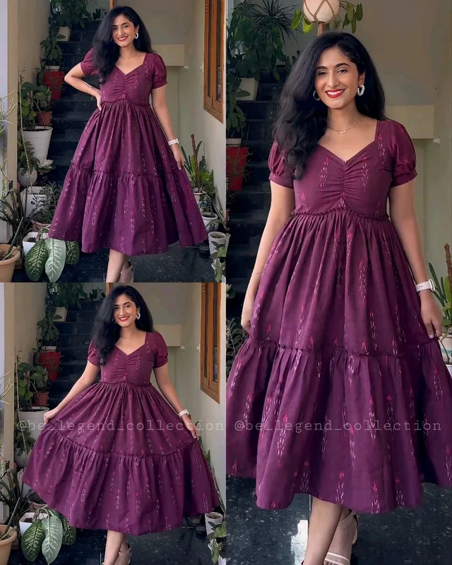 New Beautiful wine Printed cotton middi with v-neck Gown Dress - M