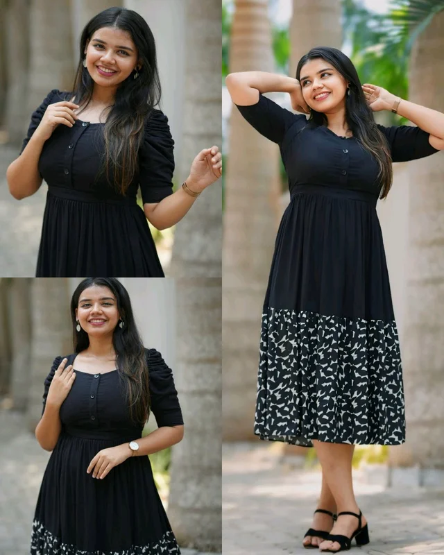 Black Midi Dress with Abstract Patterned Hem and Button-Front Bodice" - 3XL