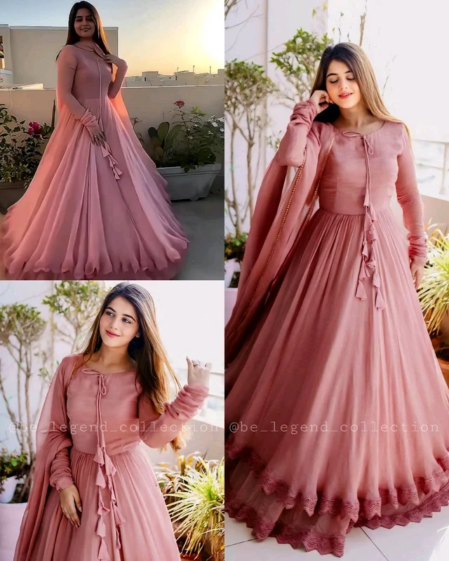 Designer Gown on Faux Georgette febric with Inner and Lace work and Dupatta on also Faux Georgette fabric - L, Peach