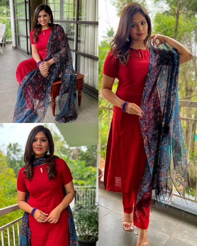Rainy Season Special Presenting Dream Silk Lining key hole neck A-line red colour kurti with match pant and kotta printed Dupatta perfect office and party wear(Kurti+pant+dupatta) - XL