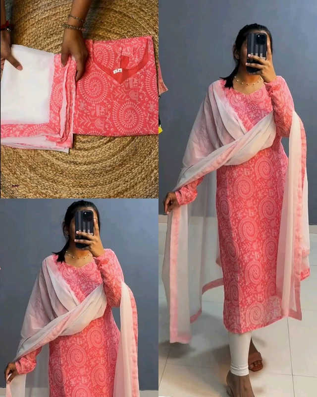 Beautiful Village Printed Kurti With Dupatta - Pink, 3XL