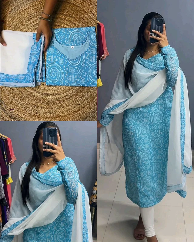 Beautiful Village Printed Kurti With Dupatta - Sky Blue, XL