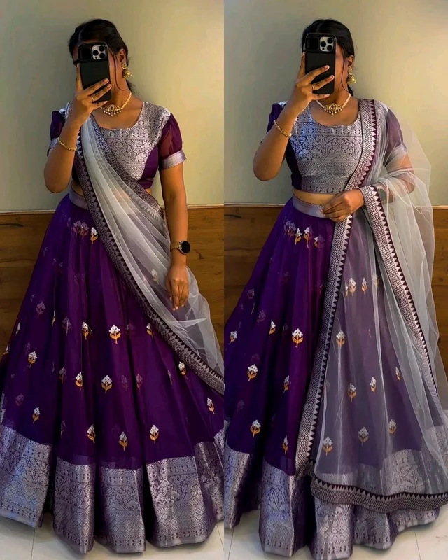 FULL STITCHED SOFT ORGANZA WITH ZARI EMBROIDERY WORK WITH ZARI BORDER - Free Size, Pigment Indigo