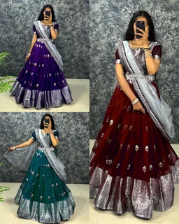 FULL STITCHED SOFT ORGANZA WITH ZARI EMBROIDERY WORK WITH ZARI BORDER - Free Size, Pigment Indigo