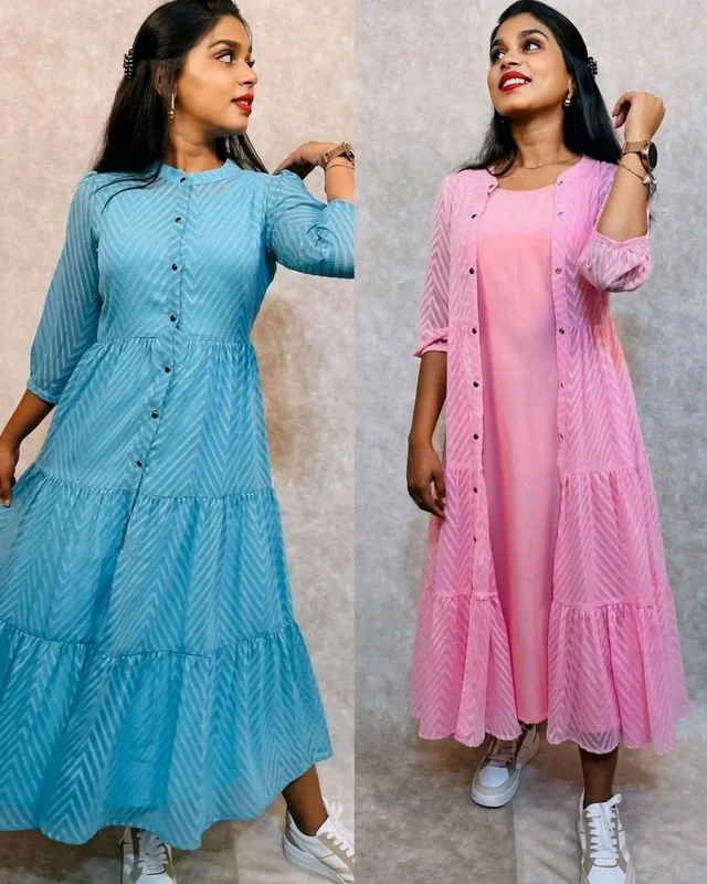 Latest Premium Quality Beautiful Georgette Woven Zikzak Jacket Kurta - Curious Blue, M