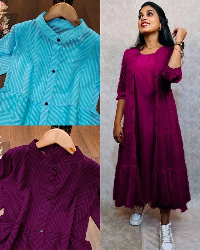 Latest Premium Quality Beautiful Georgette Woven Zikzak Jacket Kurta - Purple, M
