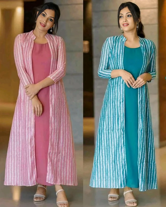 New Fashion Slit Long Jacket Kurta With Inner - Pink, S
