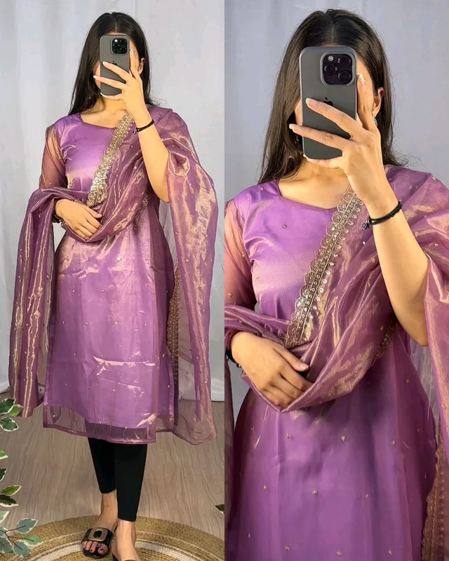 BANARASI TISSU TWO TONE WITH EMBROIDERY WITH 3mm SEQUENCE THREAD WORK 💎 - Copper Violet, 2XL