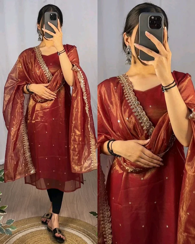 BANARASI TISSU TWO TONE WITH EMBROIDERY WITH 3mm SEQUENCE THREAD WORK 💎 - Copper Violet, 2XL