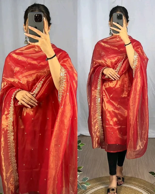 BANARASI TISSU TWO TONE WITH EMBROIDERY WITH 3mm SEQUENCE THREAD WORK 💎 - Copper Orange, M